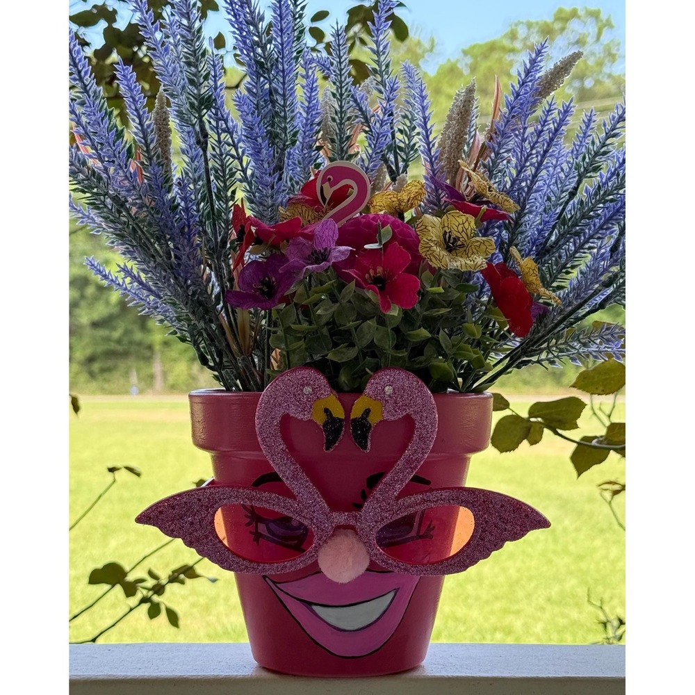 Hand-Painted/Handcrafted Pink Flamingo Lady Pot w/Faux Florals- Whimsical Decor